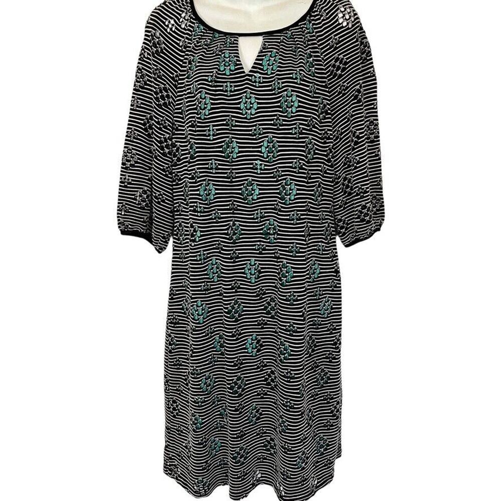 Madison Leigh Womens Eyelet Black White Teal Knit Lined 3/4 Sleeve Dress sz 10